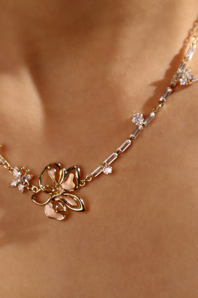 18K Real Gold Plated Butterfly Pink Flower Necklace
