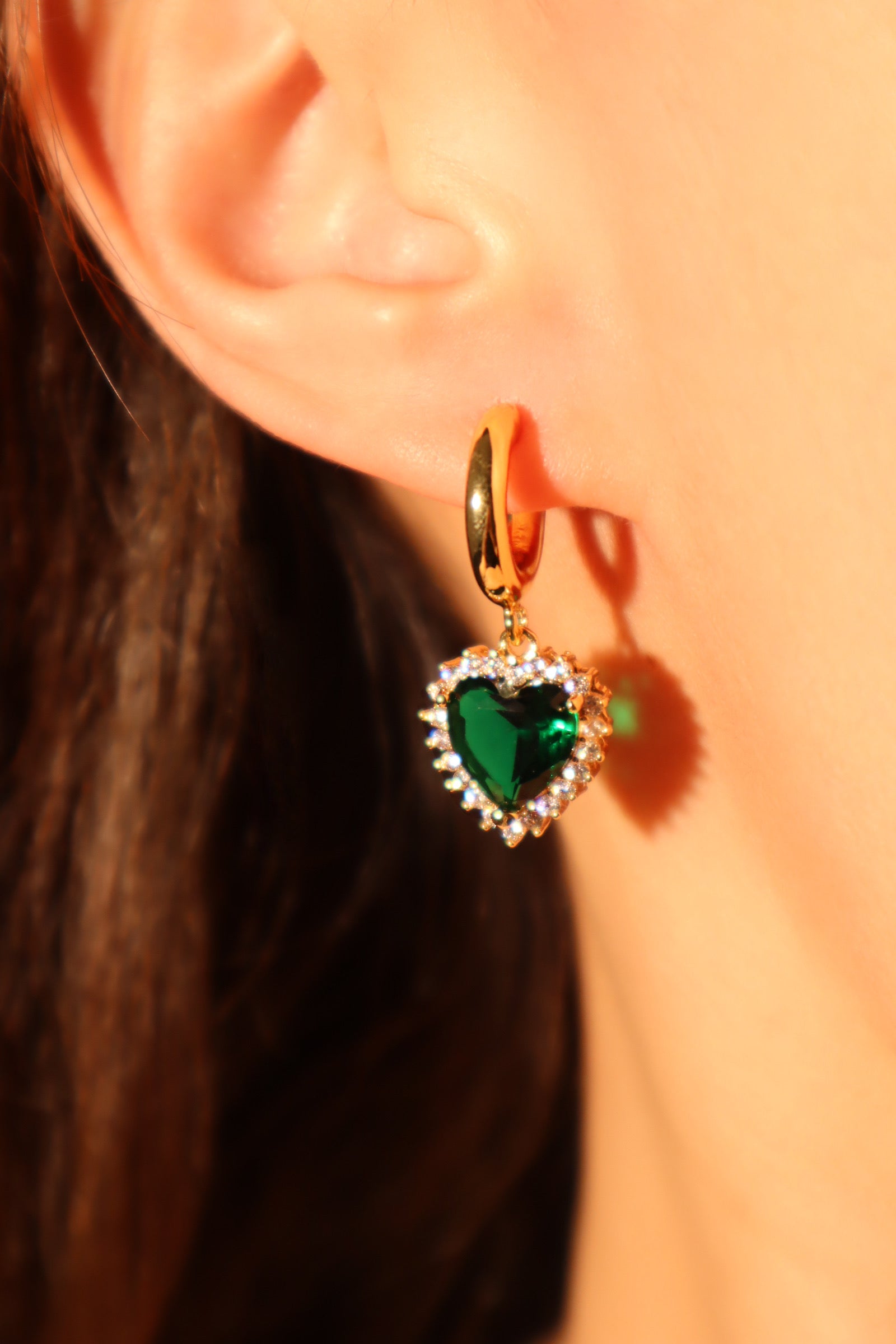 18K Real Gold Plated Green Gem Heart Earrings