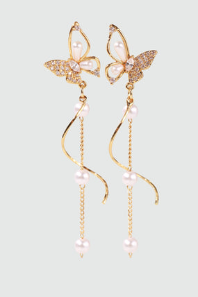 18K Real Gold Plated Diamond Butterfly Pearls Dangle Earrings