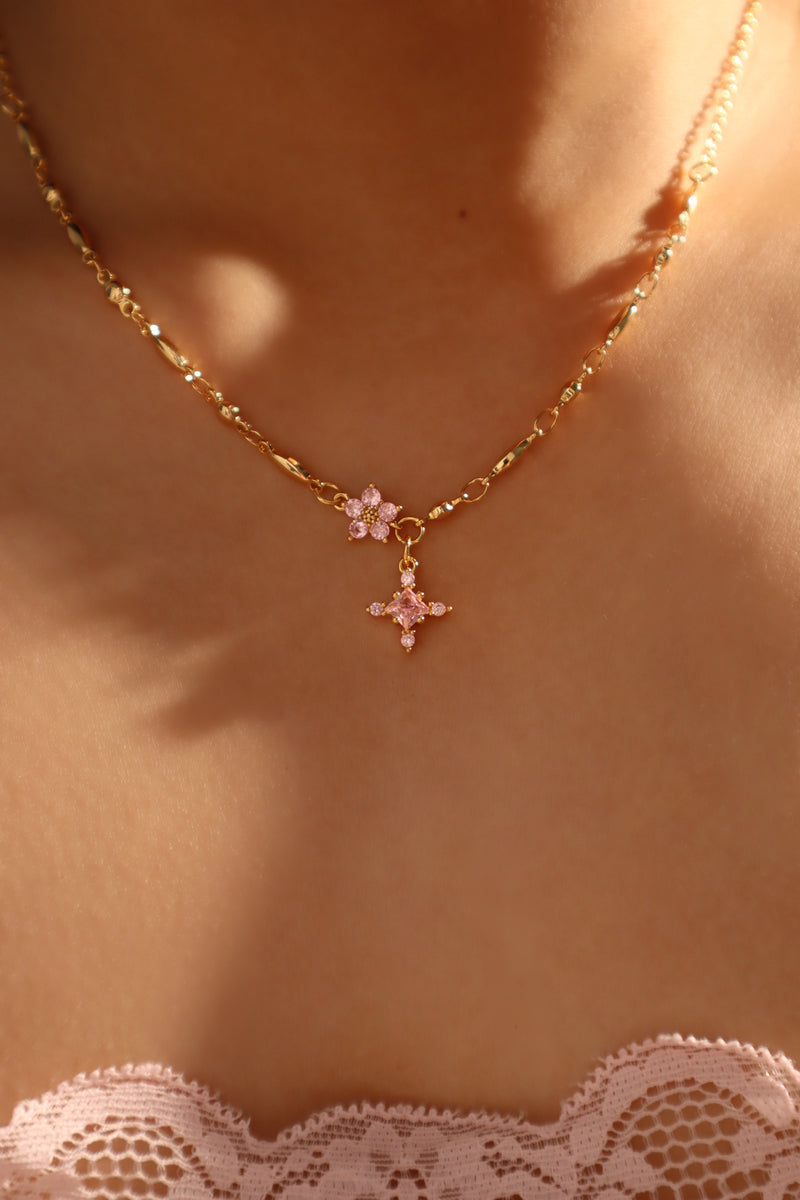 18K gold-plated cross necklace set with pink zirconia gemstones