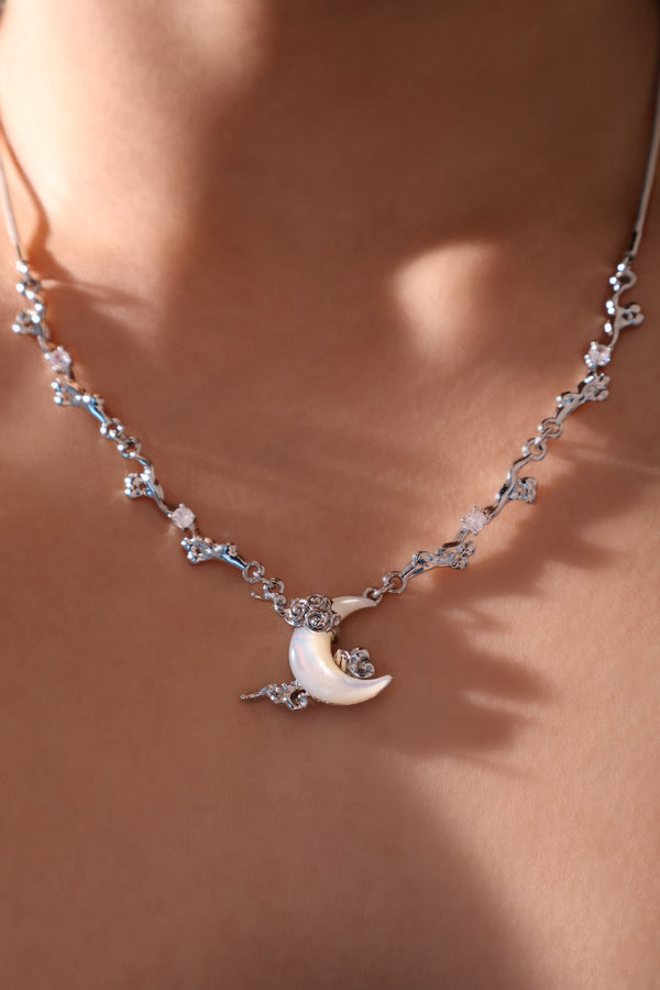 Palladium White Gold Plated Diamonds Natural Shell Moon Necklace