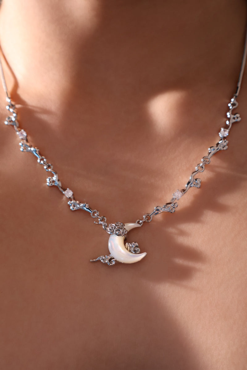 Palladium white gold plated crescent moon necklace with natural white shell pendant and zirconia diamonds