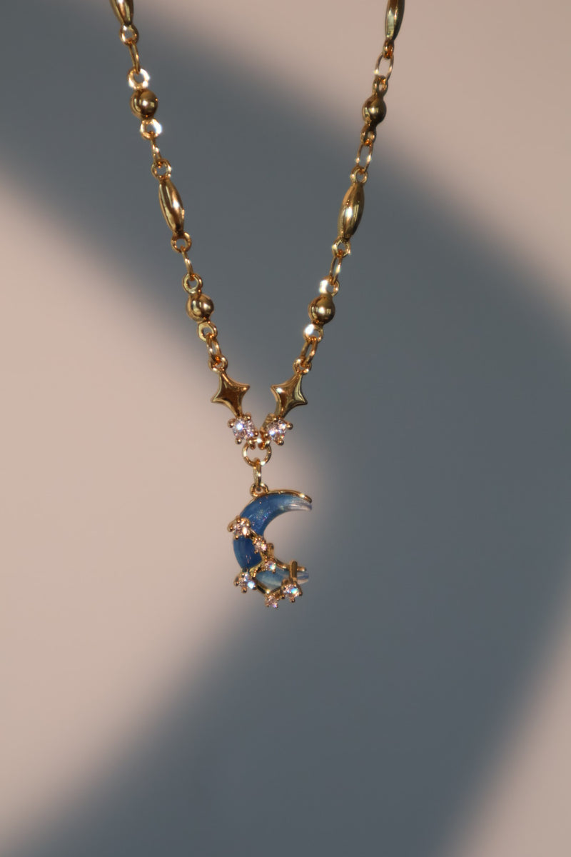18K gold-plated necklace with moonstone, crescent moon and star charms