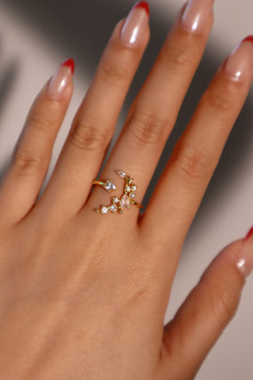 14K gold-plated adjustable ring with a crescent moon, star and zirconia diamonds