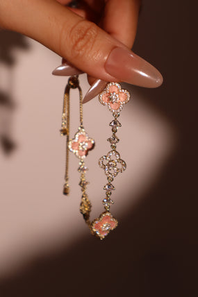 14K gold-plated lucky leaf bracelet with zirconia diamonds and pink resin accents