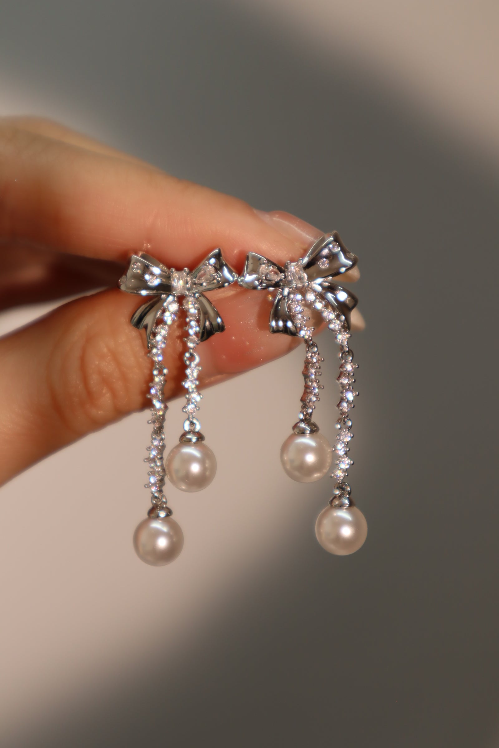 Diamond Bowknot Pearl Earrings