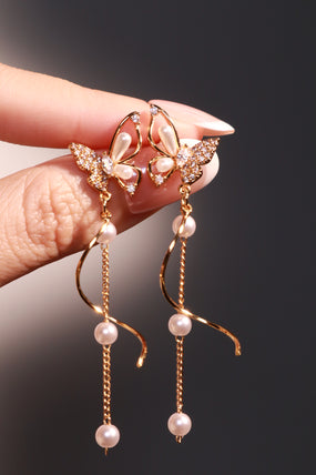 18K Real Gold Plated Diamond Butterfly Pearls Dangle Earrings
