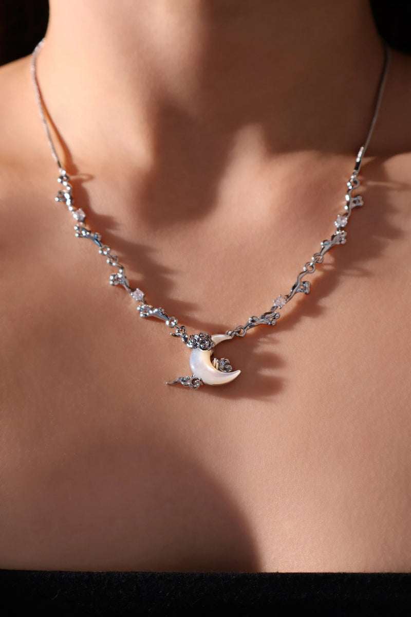 Palladium white gold plated crescent moon necklace with natural white shell pendant and zirconia diamonds