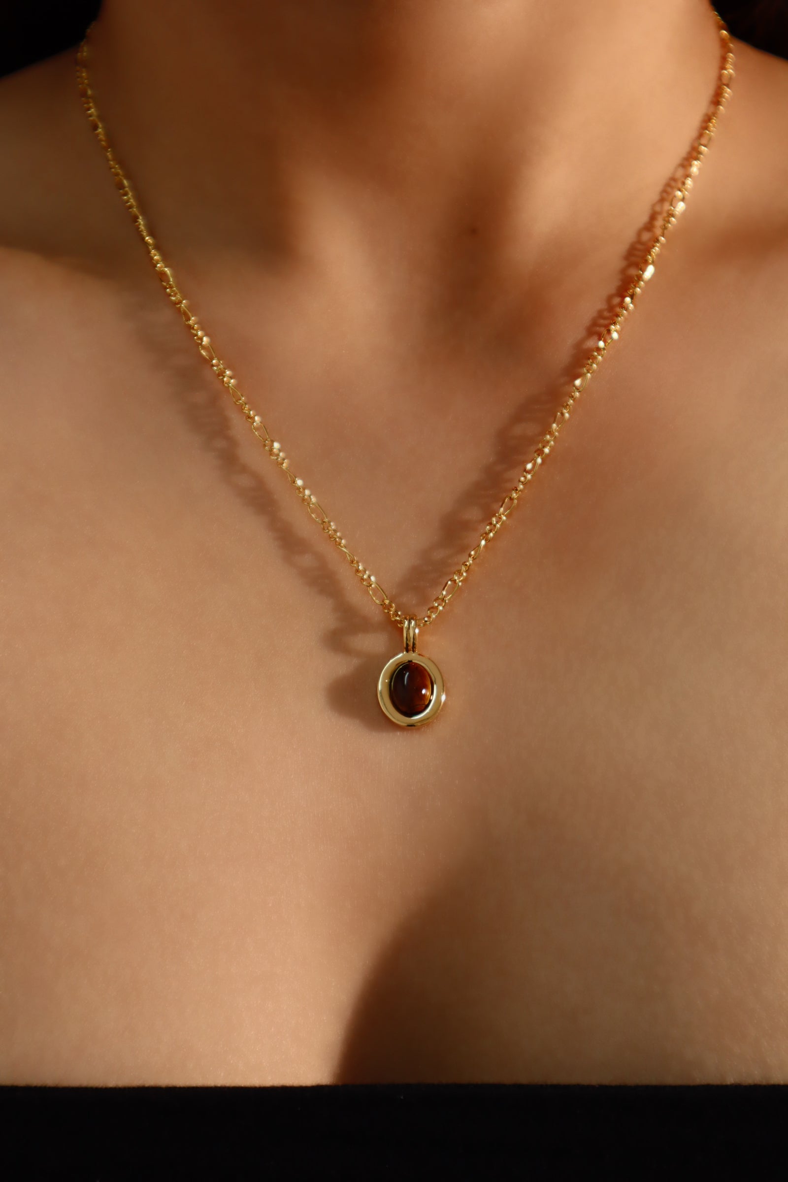 18K Real Gold Plated Tigerite Brown Gem Pendant Necklace