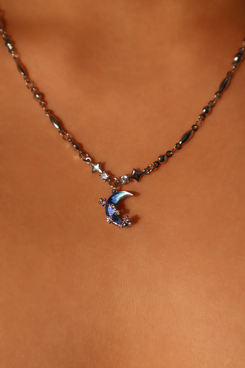Palladium white-gold-plated moon and star necklace with a zirconia moonstone and zirconia diamonds
