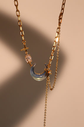 18K gold-plated chain necklace with moonstone, crescent moon and star charms
