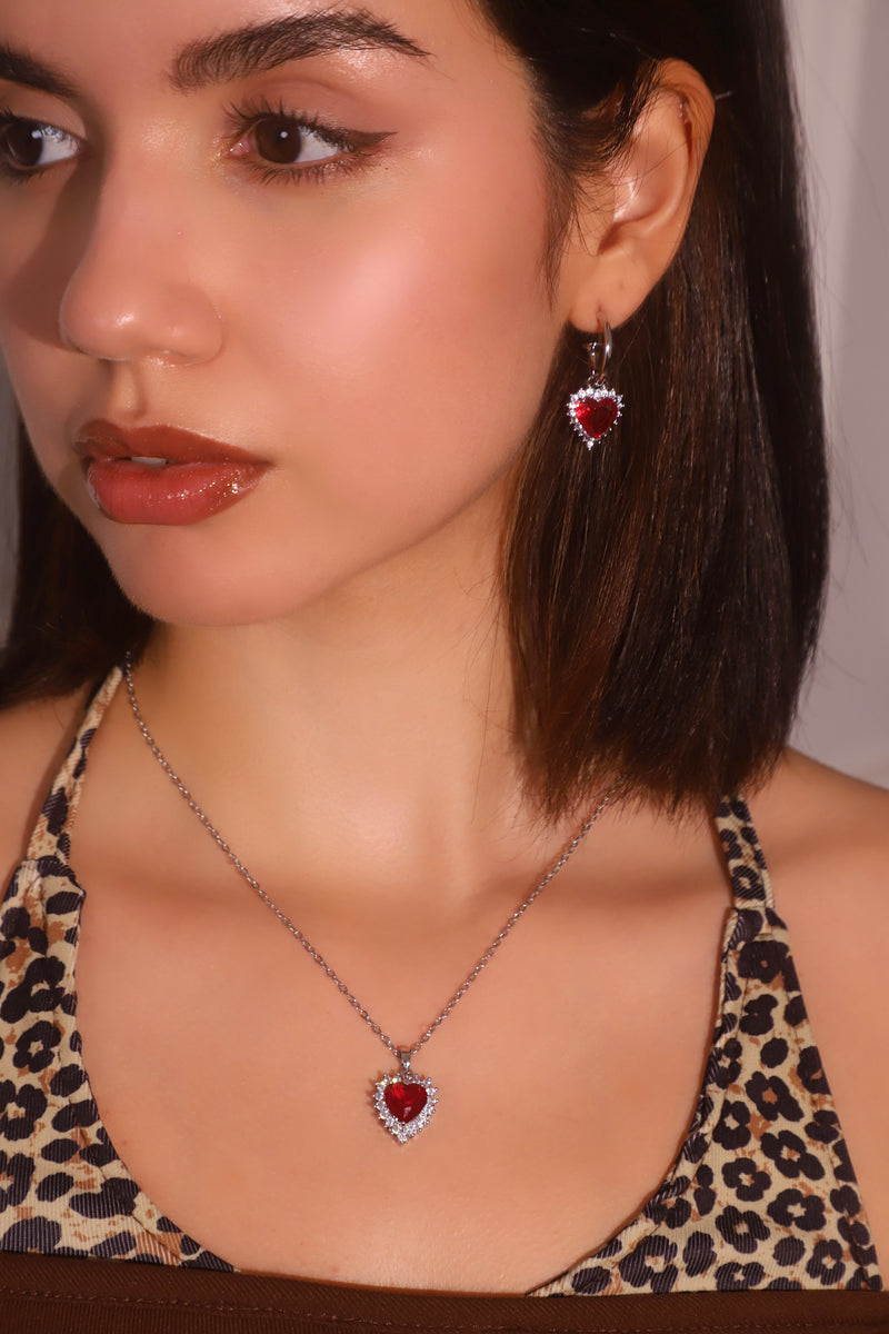 Palladium White Gold Plated Red Gem Diamond Heart Necklace