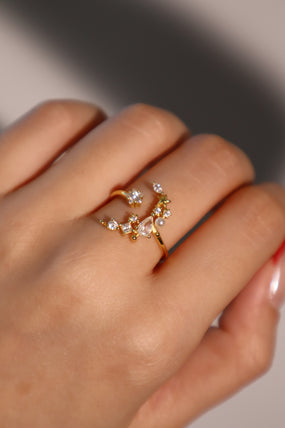 14K gold-plated adjustable ring with a crescent moon, star and zirconia diamonds