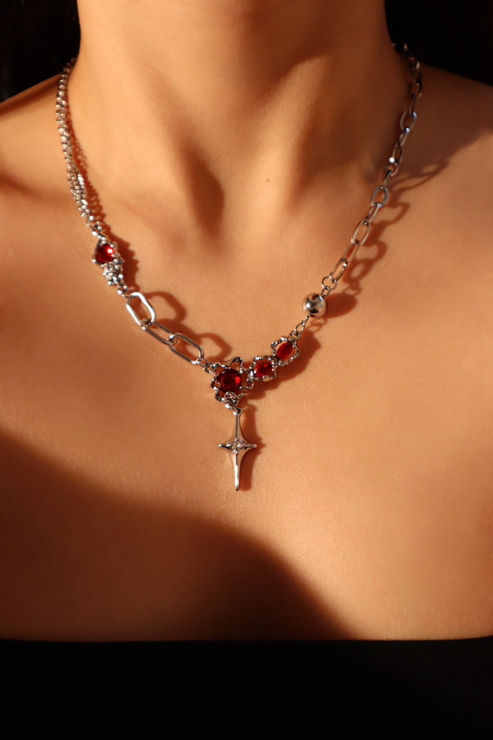 Platinum Plated Red Gem Star Necklace