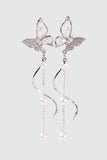 Platinum Plated Diamond Butterfly Pearls Dangle Earrings