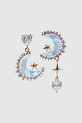 14K Real Gold Plated Moonstones Moon Heart Earrings