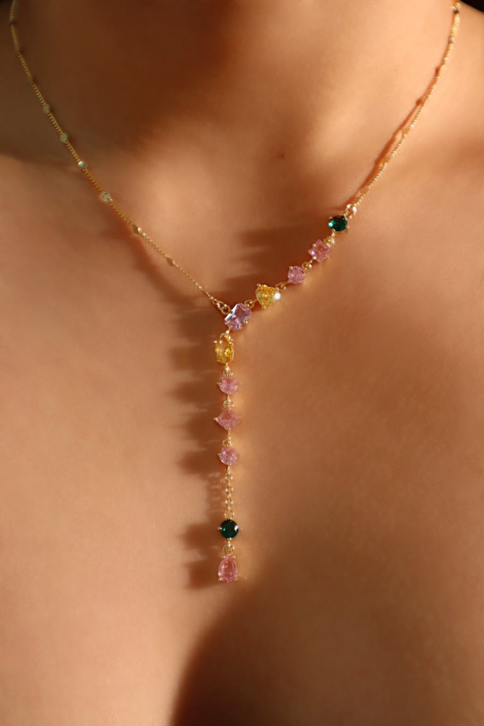 14K Real Gold Plated Color Gems Chain Necklace