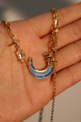 18K gold-plated chain necklace with moonstone, crescent moon and star charms
