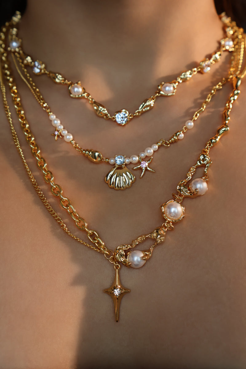 18K gold-plated necklace with synthetic pearls and clusters of zirconia diamonds