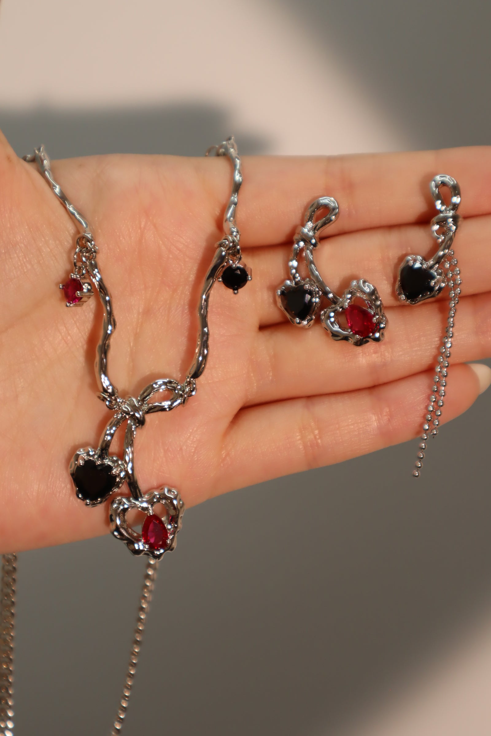 Platinum Plated Black and Red Cherry Earrings