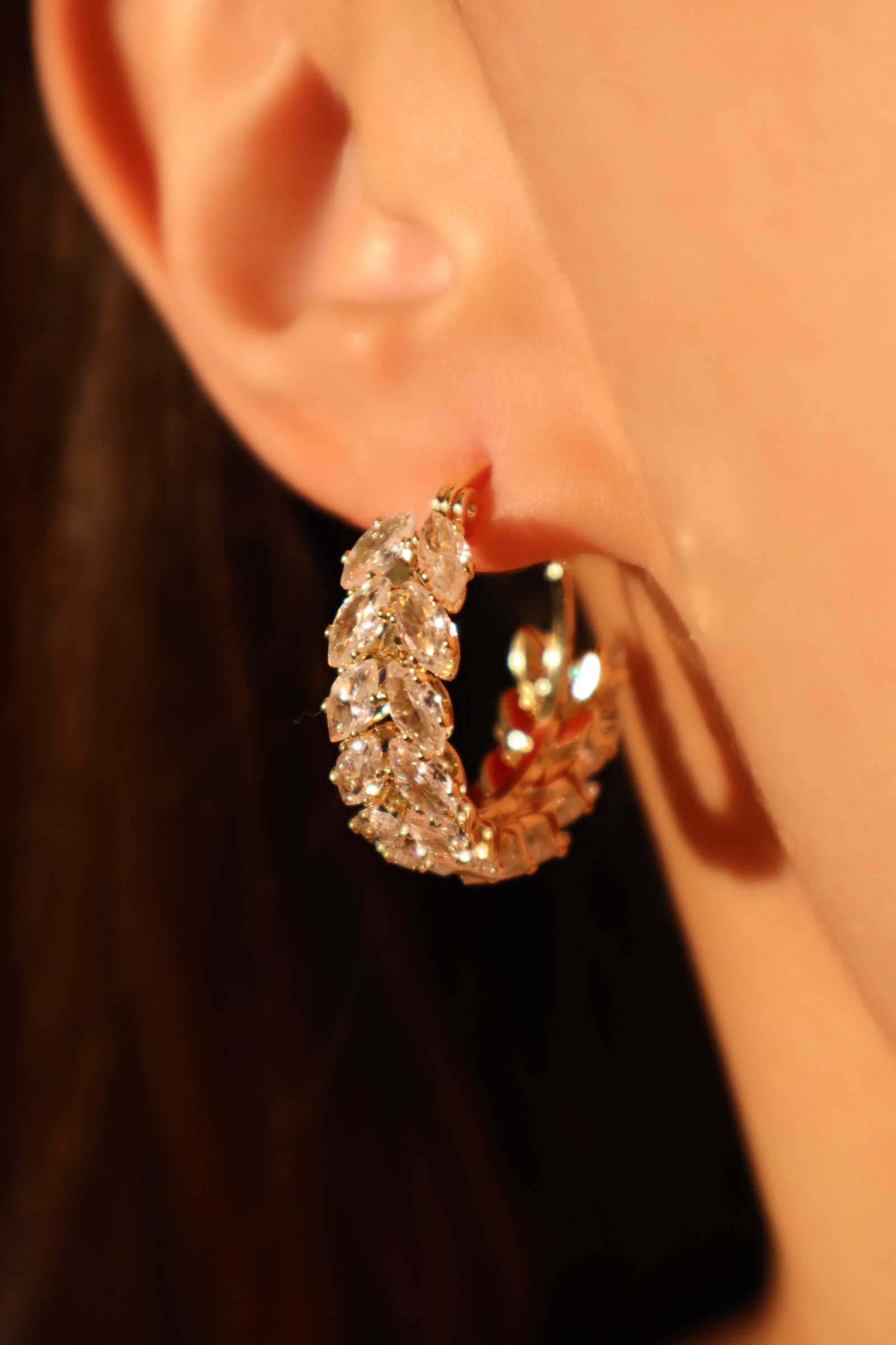 14K Real Gold Plated Diamond Leaf Hoop Earrings