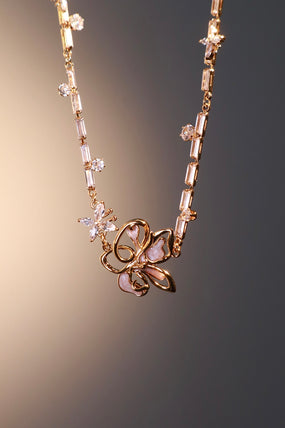 18K Real Gold Plated Butterfly Pink Flower Necklace