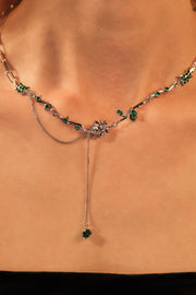 Platinum Plated Green Gem Rose Necklace
