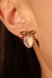 14K Real Gold Plated Pink Gem Bow Heart Earrings