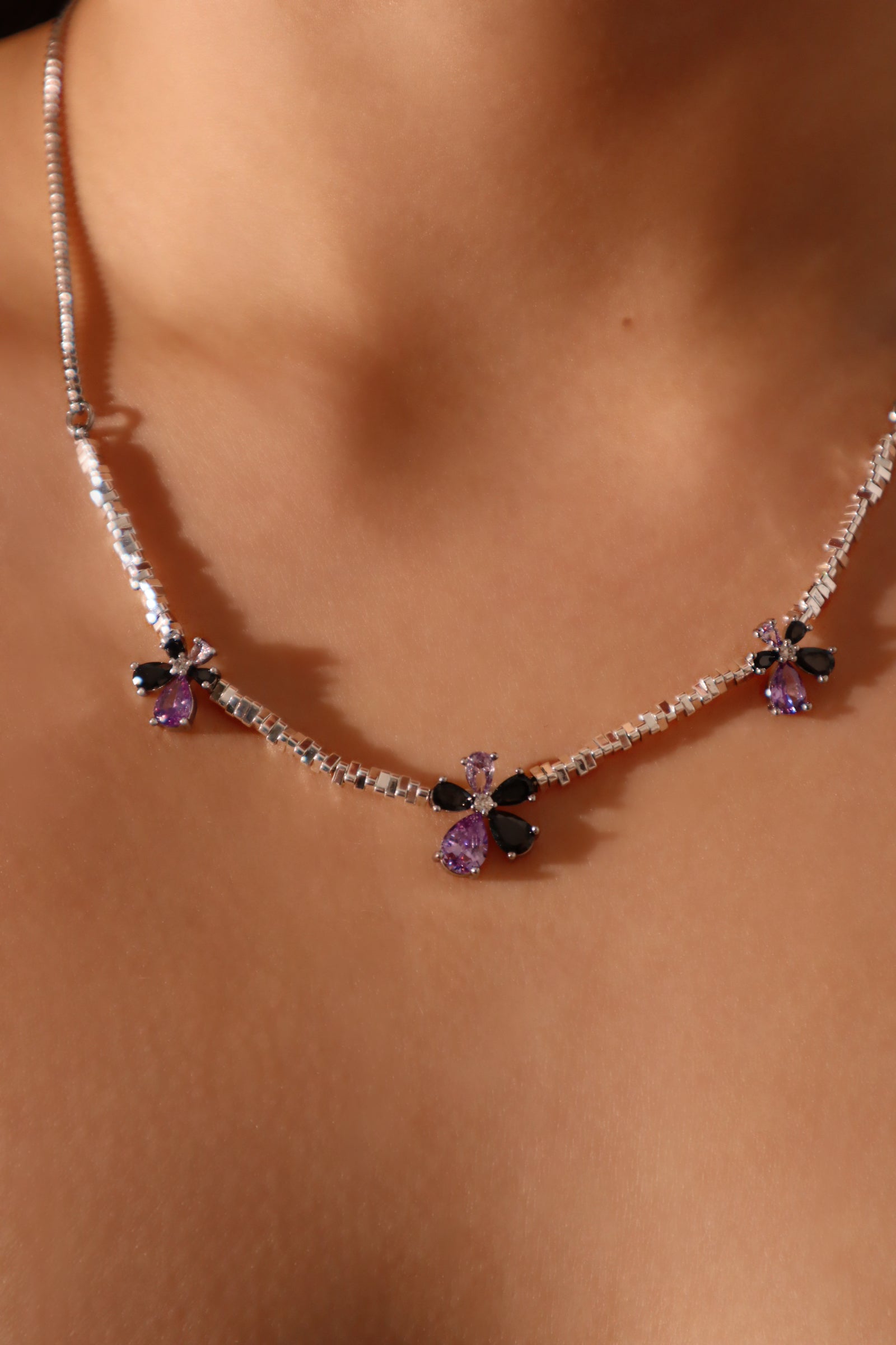 Platinum Plated Multi Purple Blossom Necklace