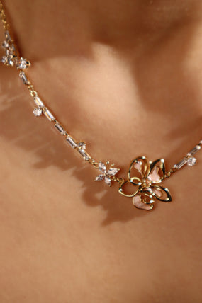 18K Real Gold Plated Butterfly Pink Flower Necklace