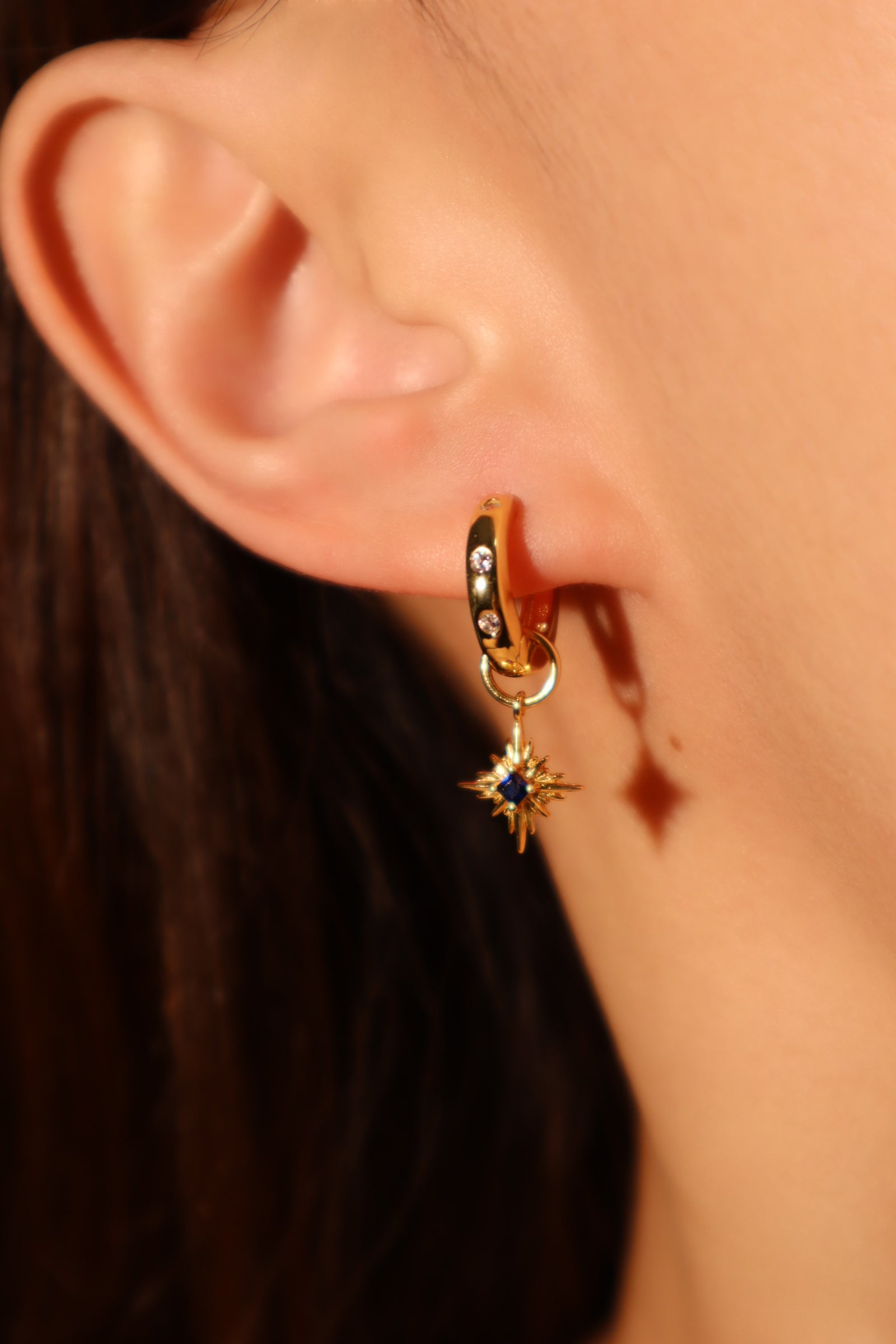 18K Gold Vermeil Blue Gem Star Hoop Earrings