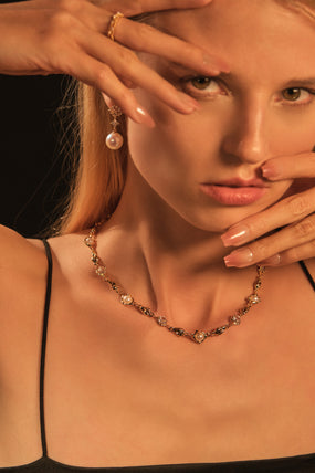 18K Real Gold Plated Multi Diamond Pearl Necklace