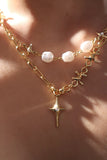 18K Real Gold Plated Double Layer Star Pearls Necklace