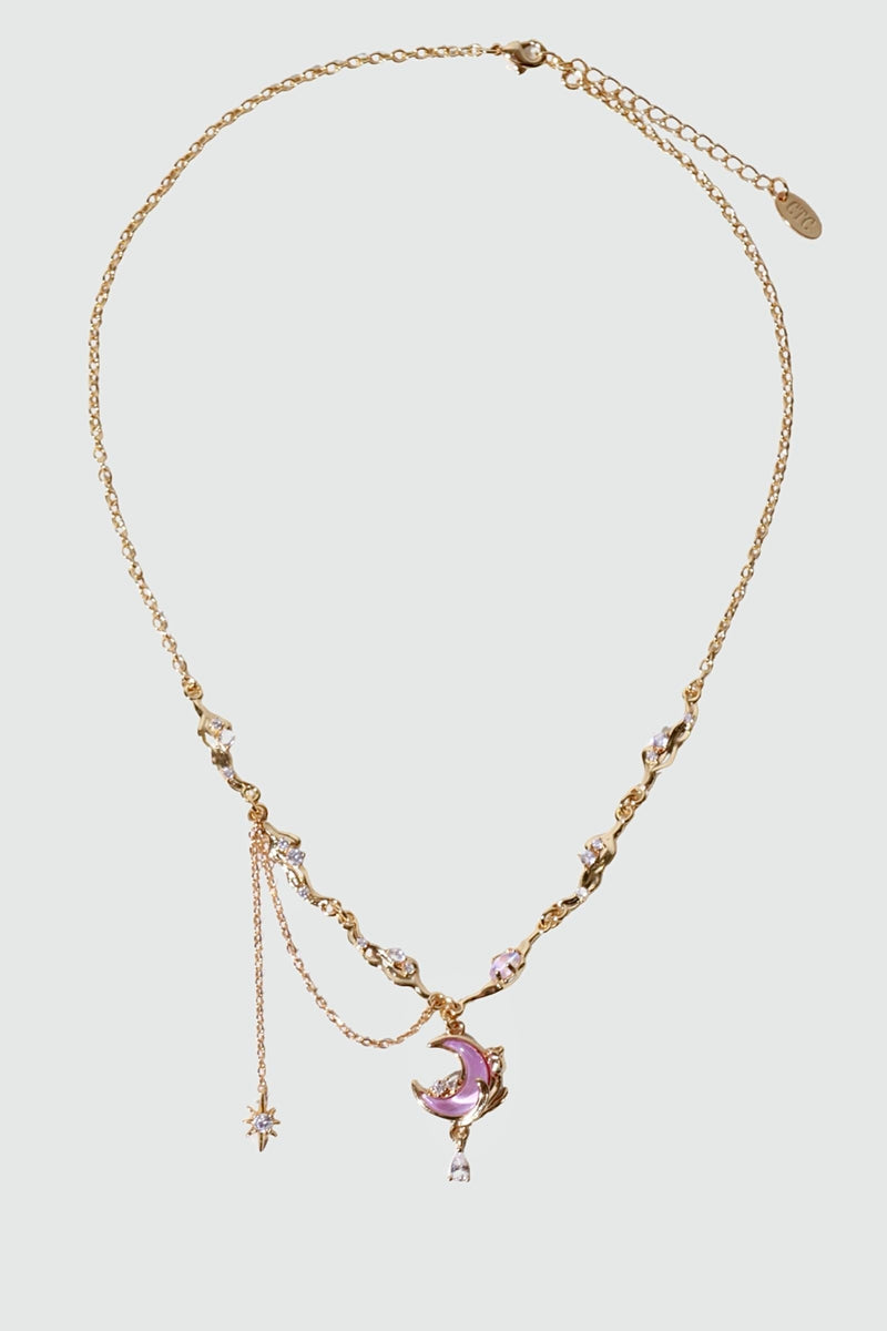 18K gold-plated rose moon necklace with glowing moonstone and zirconia diamonds