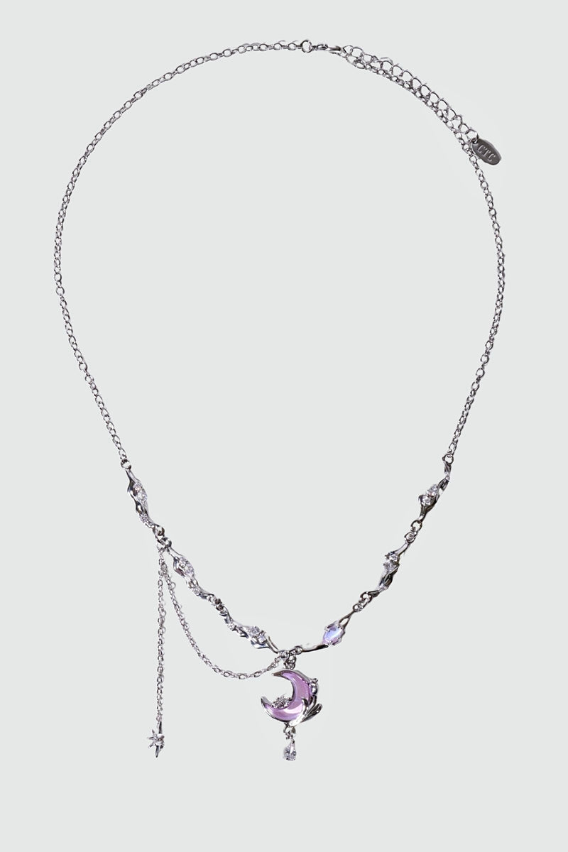 Palladium white gold plated rose moon necklace with glowing moonstone and zirconia diamonds
