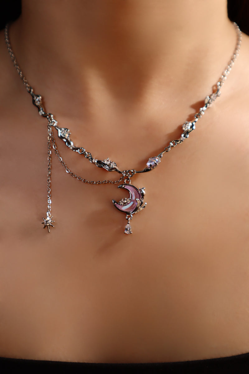 Palladium white gold plated rose moon necklace with glowing moonstone and zirconia diamonds