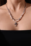 Platinum Plated Black Gem Cross Pearls Necklace