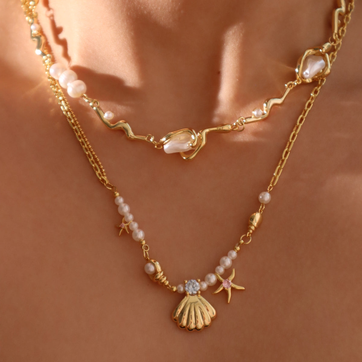 18K Real Gold Plated White Pearls Necklace