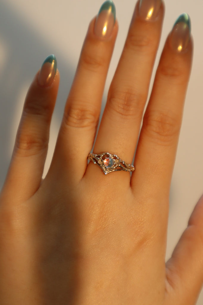 Moonstone and Zircon Heart Ring