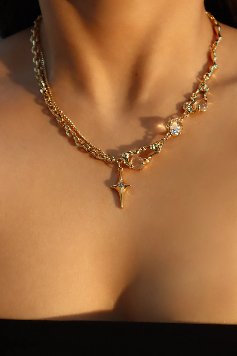 Gold-plated moonstone star necklace and diamond clip chain set for layering