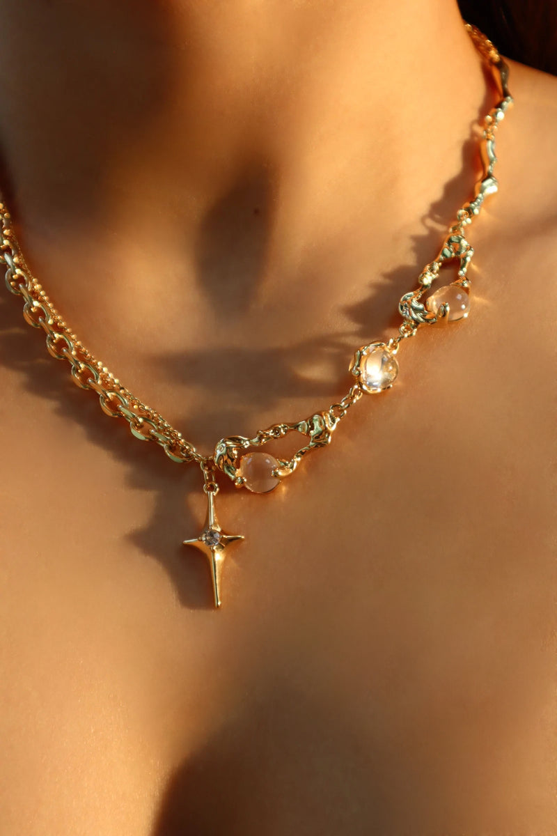 18K gold-plated moonlight star necklace with glowing zirconia moon gems