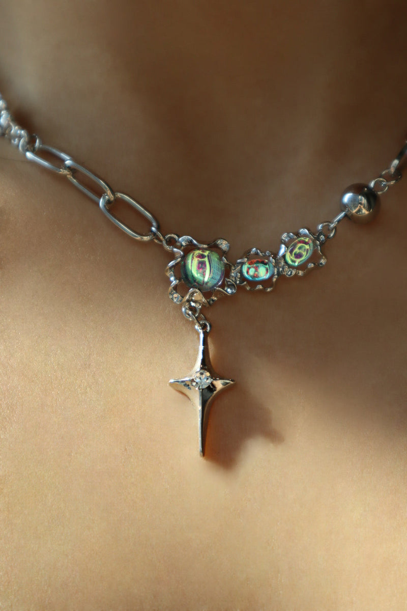 Stainless steel chain necklace with palladium white gold plated star pendants and zirconia opals