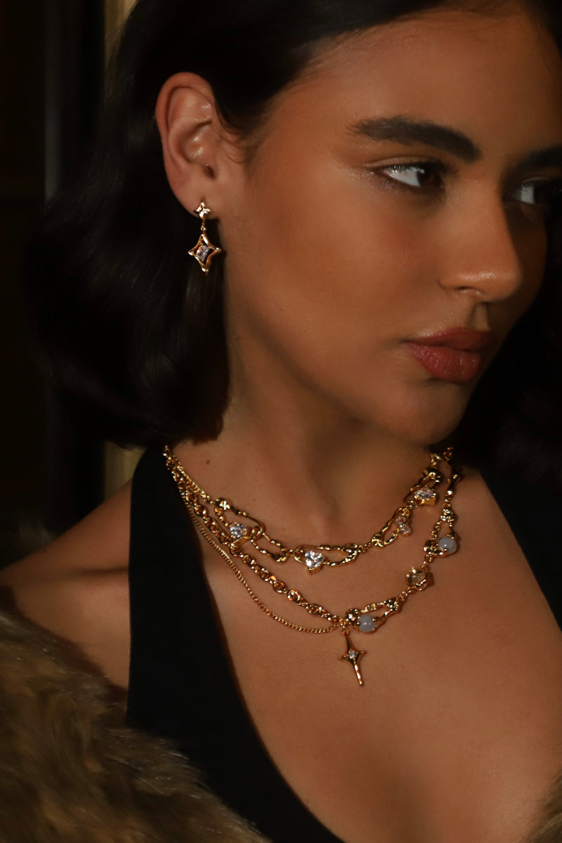 Gold-plated moonstone star necklace and diamond clip chain set for layering