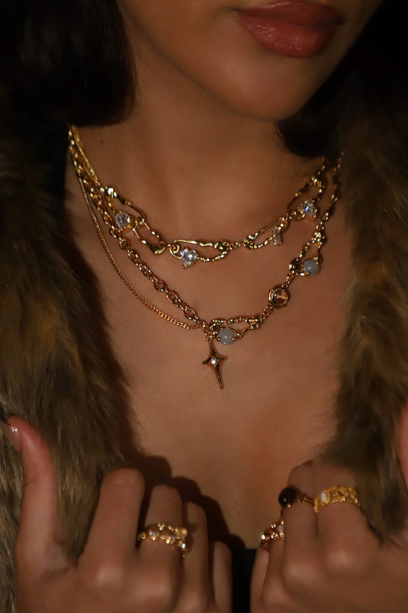 Gold-plated moonstone star necklace and diamond clip chain set for layering