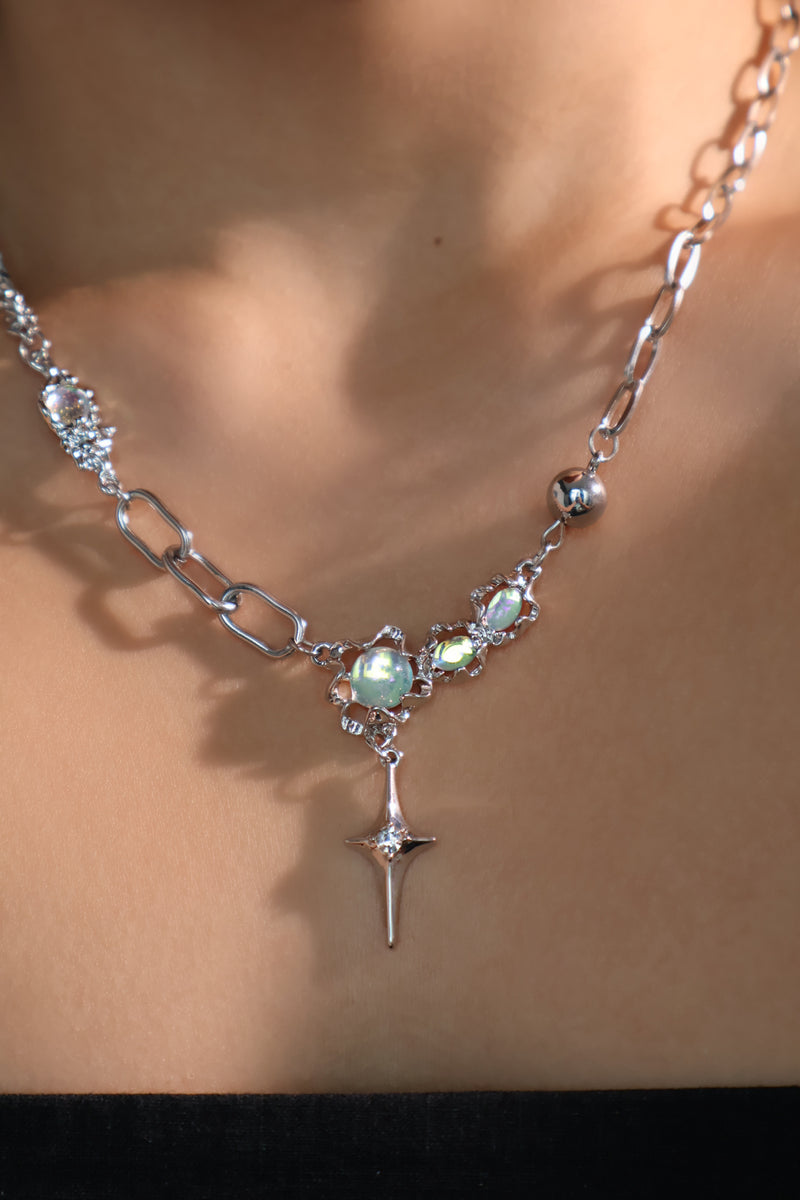 Stainless steel chain necklace with palladium white gold plated star pendants and zirconia opals