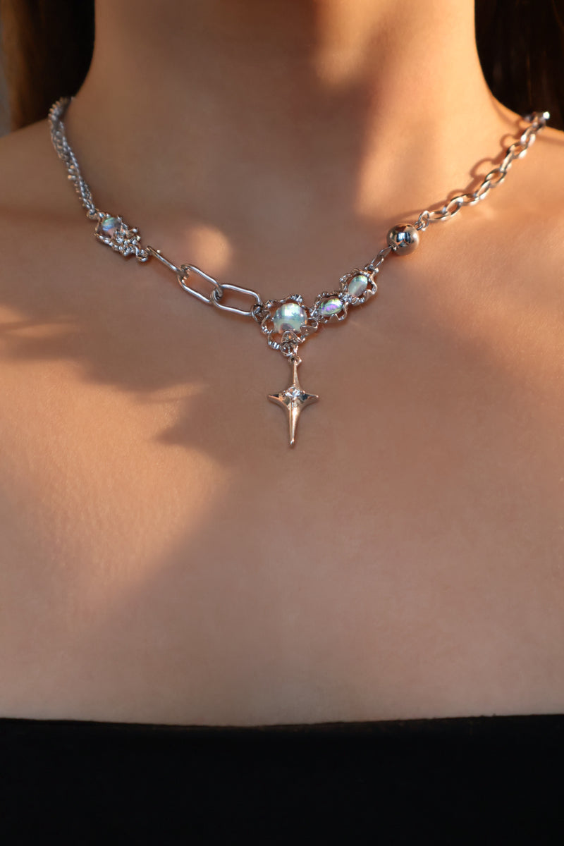 Stainless steel chain necklace with palladium white gold plated star pendants and zirconia opals