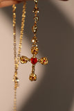 18K Real Gold Plated Red Gem Cross Lariat Necklace