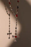 Platinum Plated Red Gem Cross Lariat Necklace