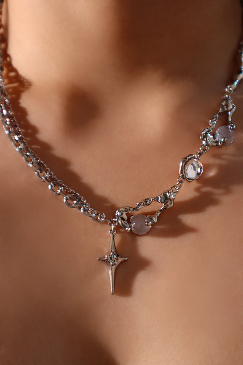 Palladium white gold plated moonlight star necklace with glowing zirconia moonstones