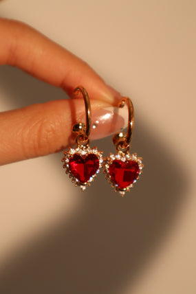18K Real Gold Plated Red Gem Diamond Heart Earrings  (Pre-order)